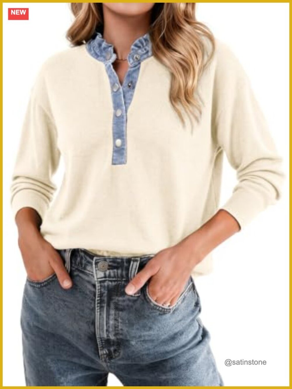 Womens Ruffle Neck Denim Panel Sweater Pullover Top